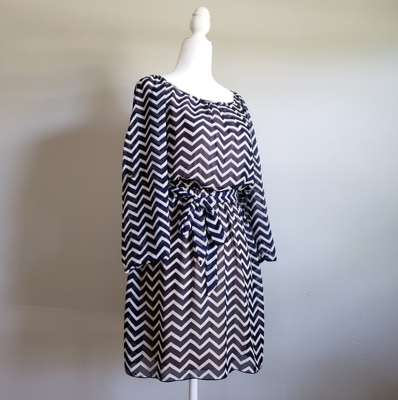 Navy Blue Chevron Striped Blouson Dress - Picture 2 of 10